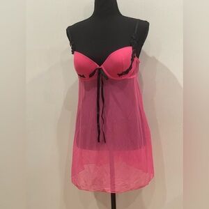 Inner Secrets L Pink/Black Adjustable Strap Lace/Mesh Padded Bust with Keyhole‎